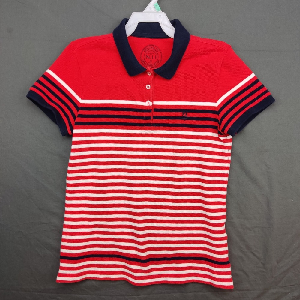 N.I.I Polo Shirt Womens S Red Striped Short Sleeve Cotton Pique Preppy Nautical